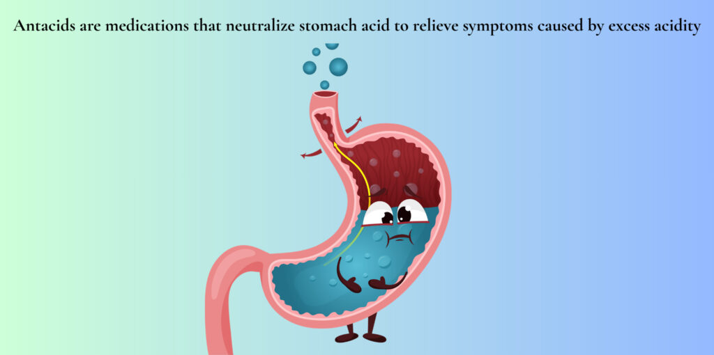 Antacids infographic showing how they neutralise stomach acid to relieve heartburn and indigestion