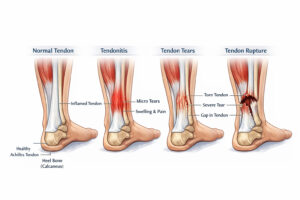 Medical illustration of Achilles tendon showing normal, inflamed, torn, and ruptured states”
