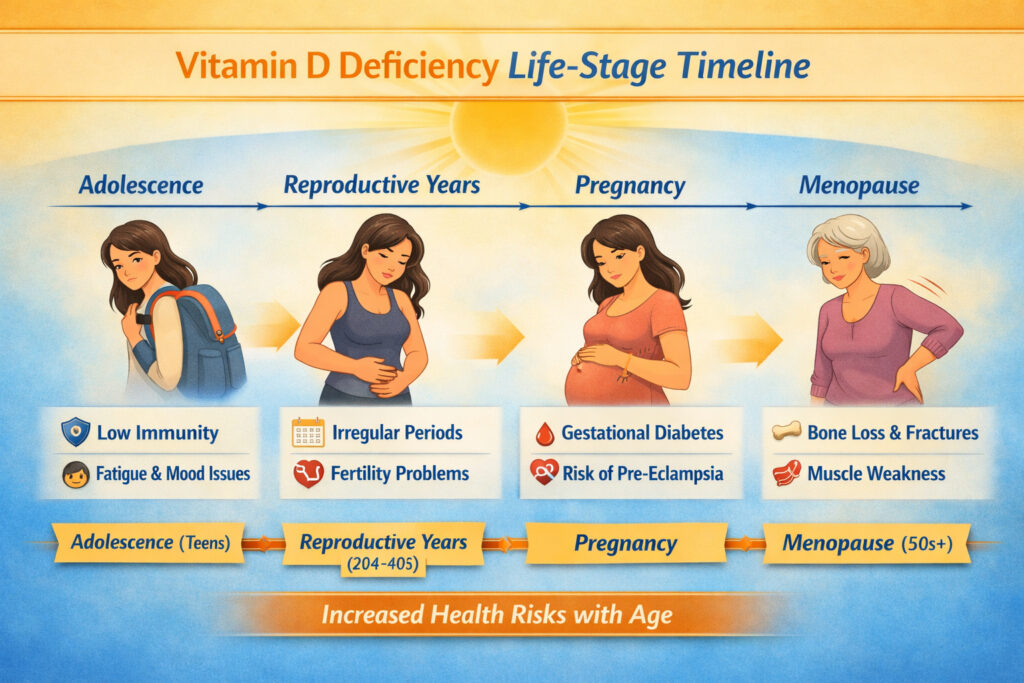 Vitamin D Deficiency Life‑Stage Timeline infographic
