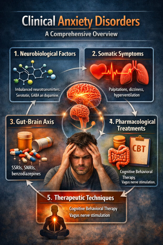 Infographic summarising neurobiological, somatic, gut‑brain, pharmacological, and therapeutic aspects of clinical anxiety disorders.