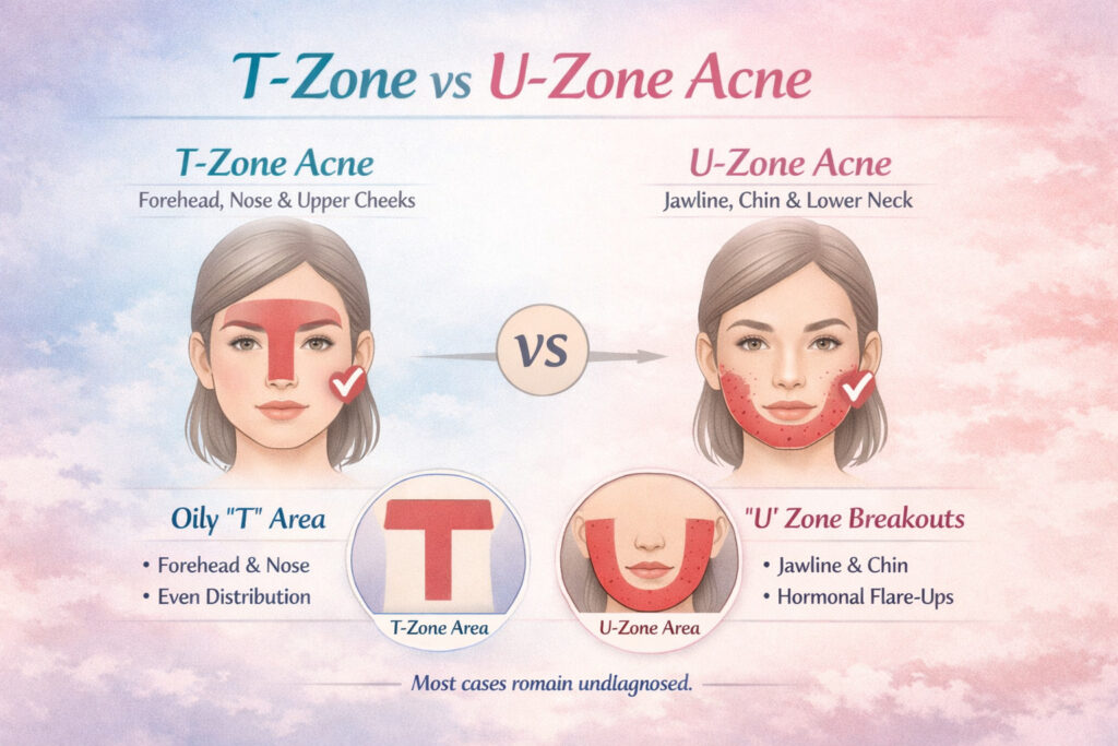 “Educational infographic comparing T‑Zone and U‑Zone acne patterns. The left side shows a female face with the T‑Zone highlighted across the forehead, nose, and upper cheeks, labelled ‘Oily T‑Area’. The right side shows the U‑Zone highlighted around the jawline, chin, and lower neck, labelled ‘Hormonal Flare‑Ups’. Central ‘vs’ icon separates both zones. Soft pastel background with teal and pink tones enhances clarity.”