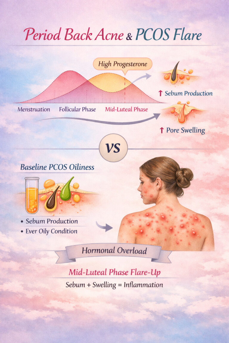 Clinical infographic illustrating how hormonal changes during the menstrual cycle trigger period back acne and PCOS flares. A graph shows progesterone peaking in the mid‑luteal phase, linked to increased sebum production and pore swelling. Below, a woman’s back and shoulders display inflamed acne lesions labelled ‘Painful Breakouts’. Text highlights ‘Baseline PCOS Oiliness’ and ‘Hormonal Overload’.