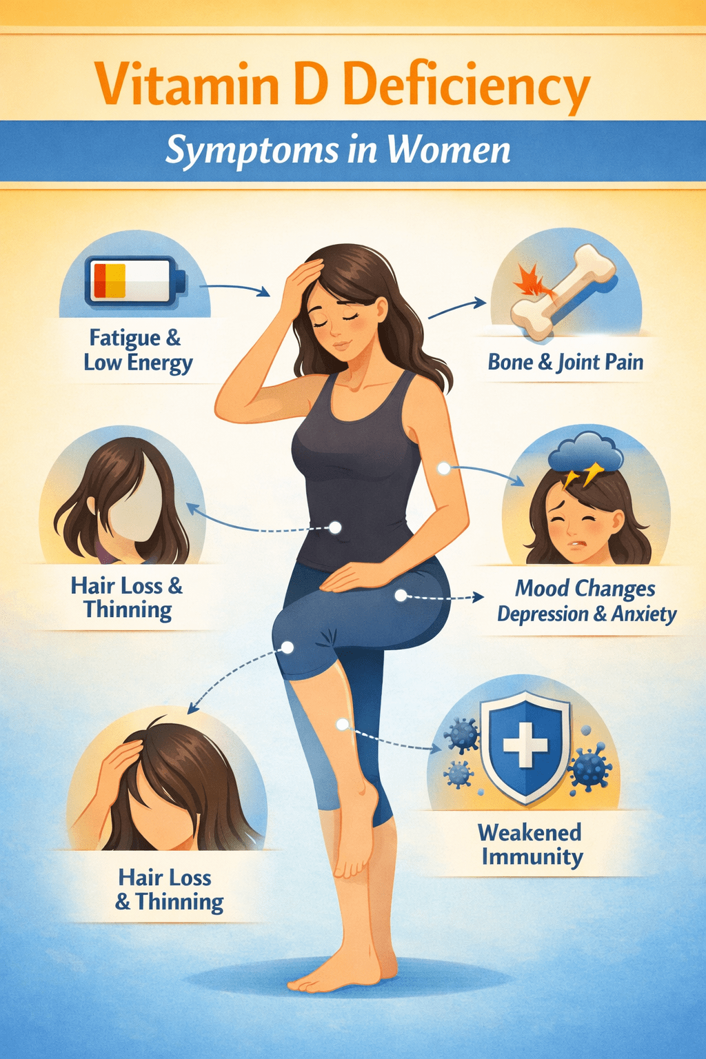 Infographic showing the 12 hidden symptoms of vitamin D deficiency in females, from fatigue to mood changes
